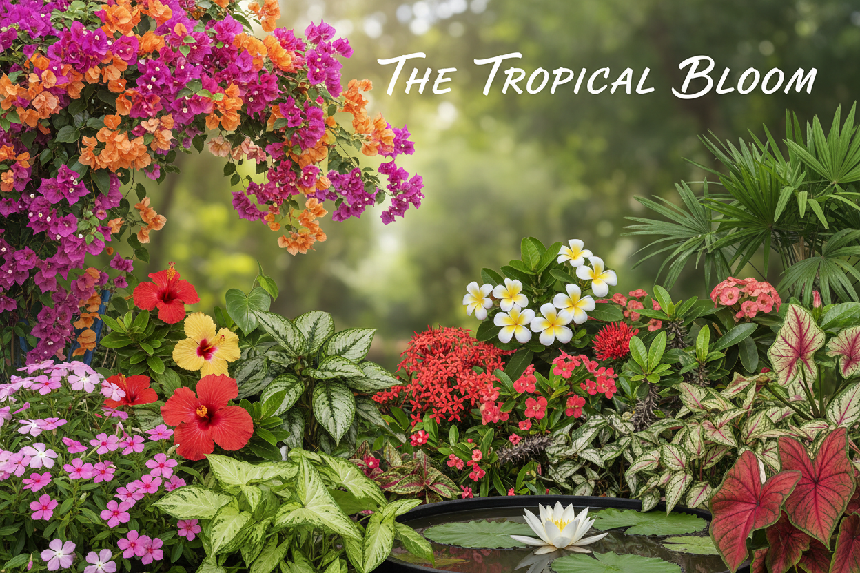 Create a banner image for this online plant nursery. Do not use any seasonal flower plant. We are not selling this type of plants. 
We sell specially Bougainvillea, Vinca, Hibiscus, Ixora, Plumeria, Crown of throns, Water Lily, Aglaonema, syngonium, Caladium and many more indoor plants