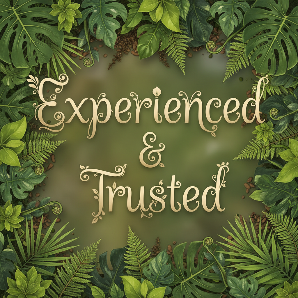 "We are experienced & Trusted in plants" Make this type of an image. Inside the image the text will be "Experienced & Trusted" and the image size will be in square shape. The text design will be also in plant type
