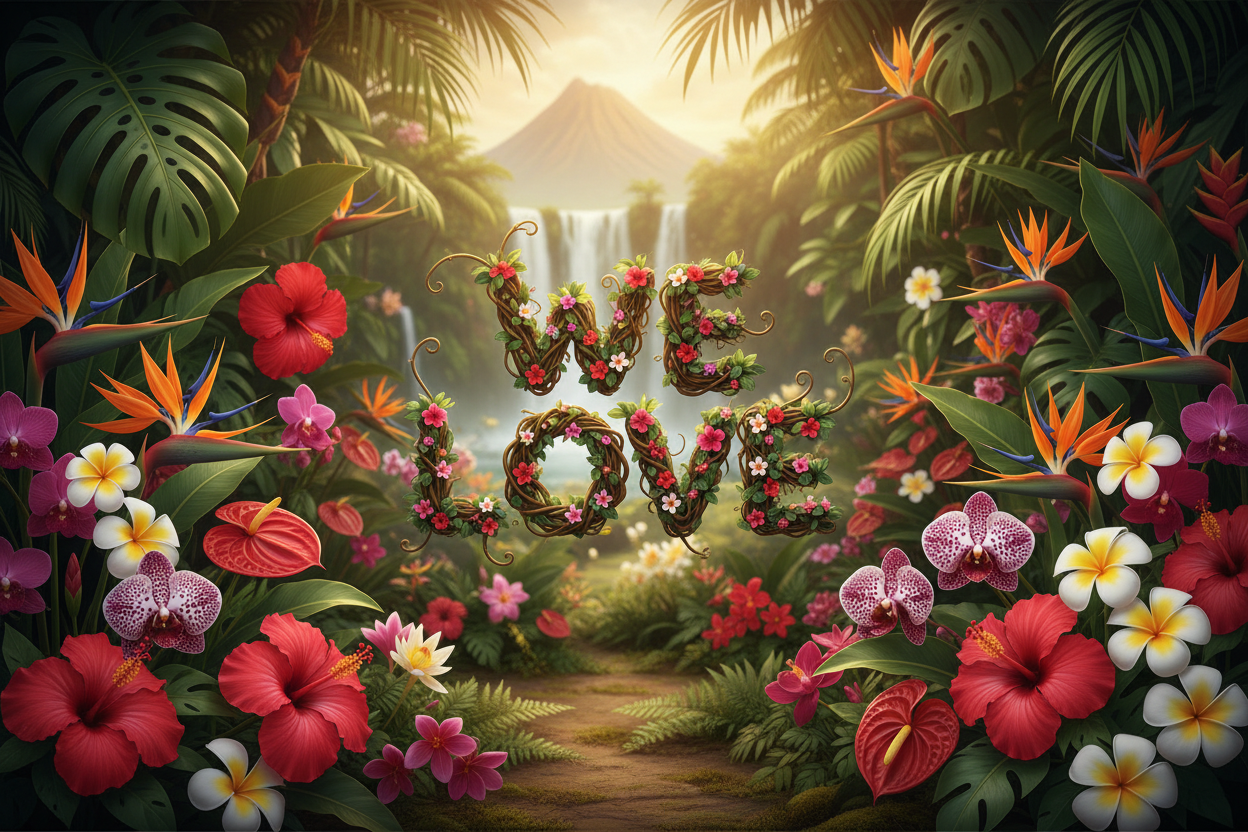 We need specially tropical flower plants. and inside need to write "We Love" and the text font design will be also like plant. And the image main topic is "We love our plants"